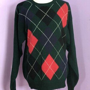 Clansman Argyle Sweater Men Sz XL Lambs Wool Vintage Knit Green Navy Red
